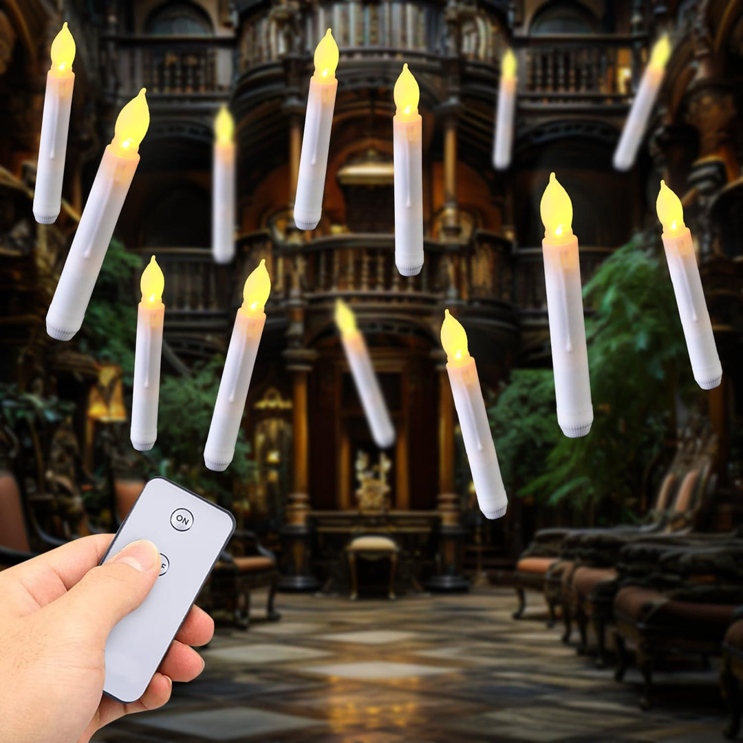 12pcs Batteries Operated Taper Candles with Remote, Warm White Flickering Light, Flameless Handheld Candles Floating, Led Hanging Candlesticks for Party Halloween Christmas Church Home