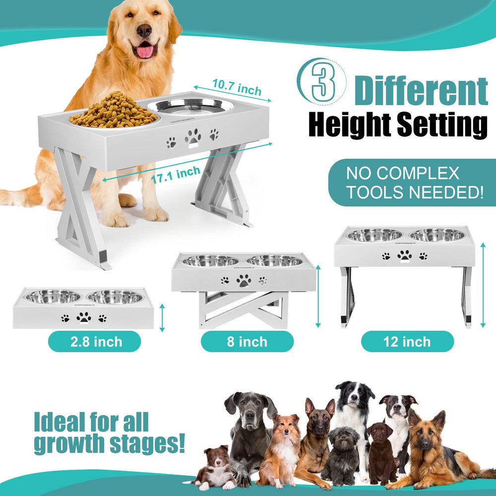 Elevated Dog Bowls Adjustable Raised Dog Bowl with 2 Stainless Steel 1.5L Dog Food Bowls Stand Non-Slip No Spill Dog Dish Adjusts to 3 Heights 2.8”, 8”, 12”for Small Medium Large Dogs and Cats