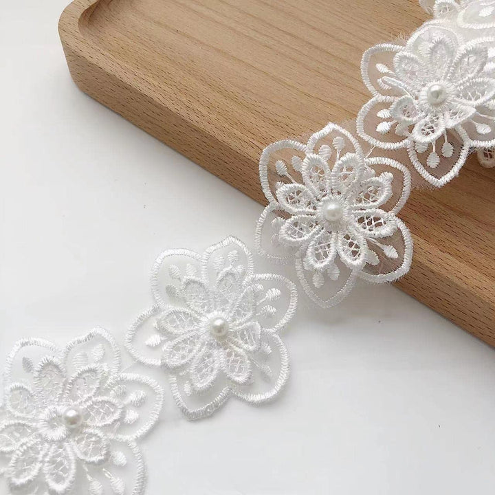 Simpless 3Yards White Flower Lace Pearl Trim,Embroidered Sewing Lace Applique for DIY Sewing Crafts Wedding Dress Home décor