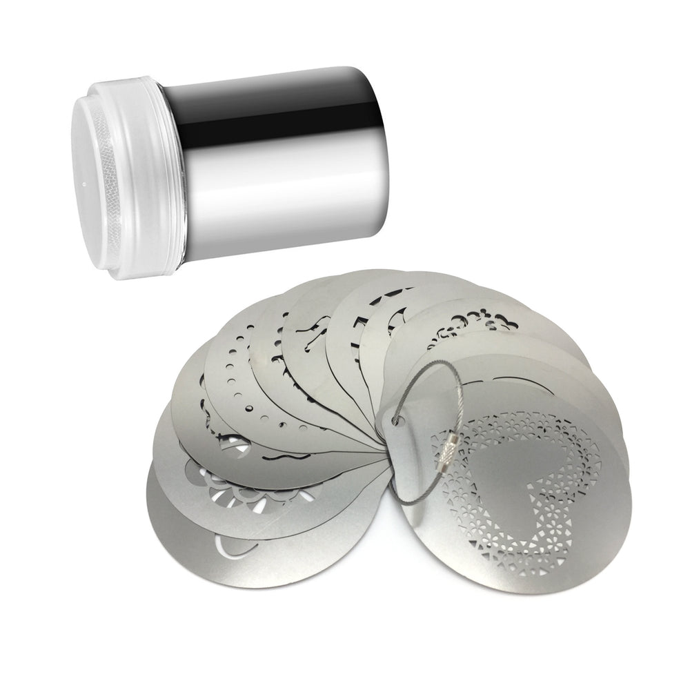 Stainless Steel Powder Shakers Coffee Cocoa Cinnamon Shaker Cans Mesh Duster with 16PCS Stainless Steel Barista Coffee Decorating Stencils Template for Latte Cappuccino, Cupcake Stencils