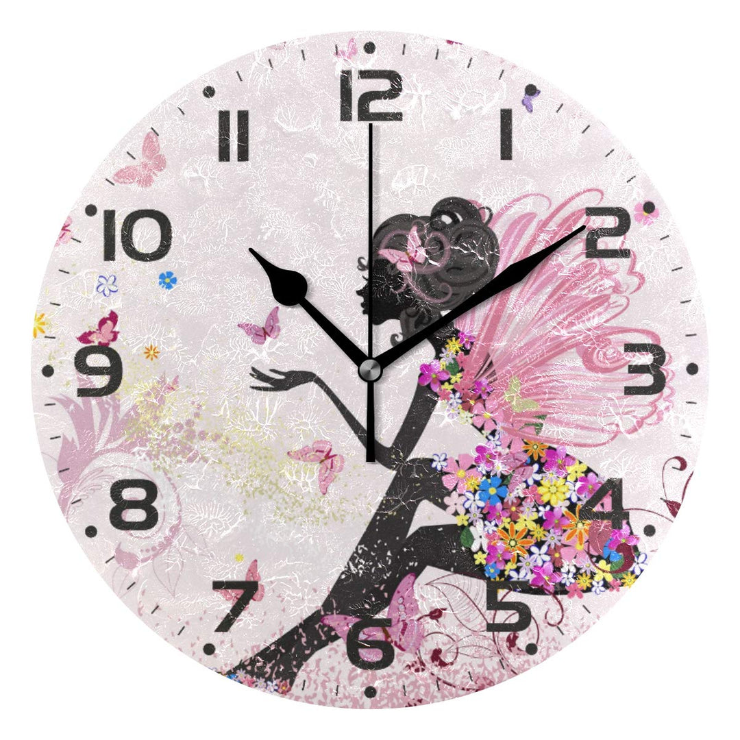 Butterfly Wall Clock Silent Non Ticking Round Easy to Read Home Office School Clock, Flower Fairy Angel Pink