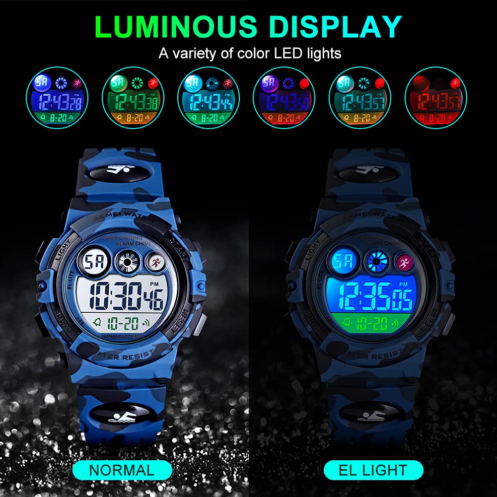 Watches for Kids Digital Sport Waterproof Boys Watch Outdoor 12/24 H Alarm EL Backlight Stopwatch Military Child Wristwatch Ages 3-15 (Camouflage Dark Blue)