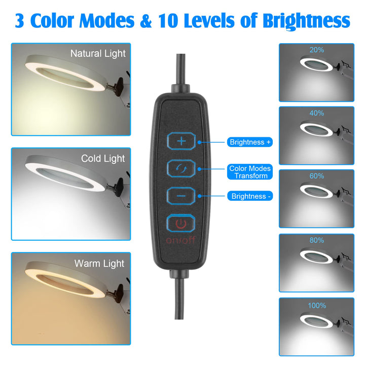 5X Magnifying Glass Lamp, 2-in-1 Magnifier Desk lamp with Clamp and Stand, 8-Diopter Real Glass Lens 3 Color Modes Stepless Dimmable Swivel Arm Magnifying Lamp for Reading Craft Close Work(White)