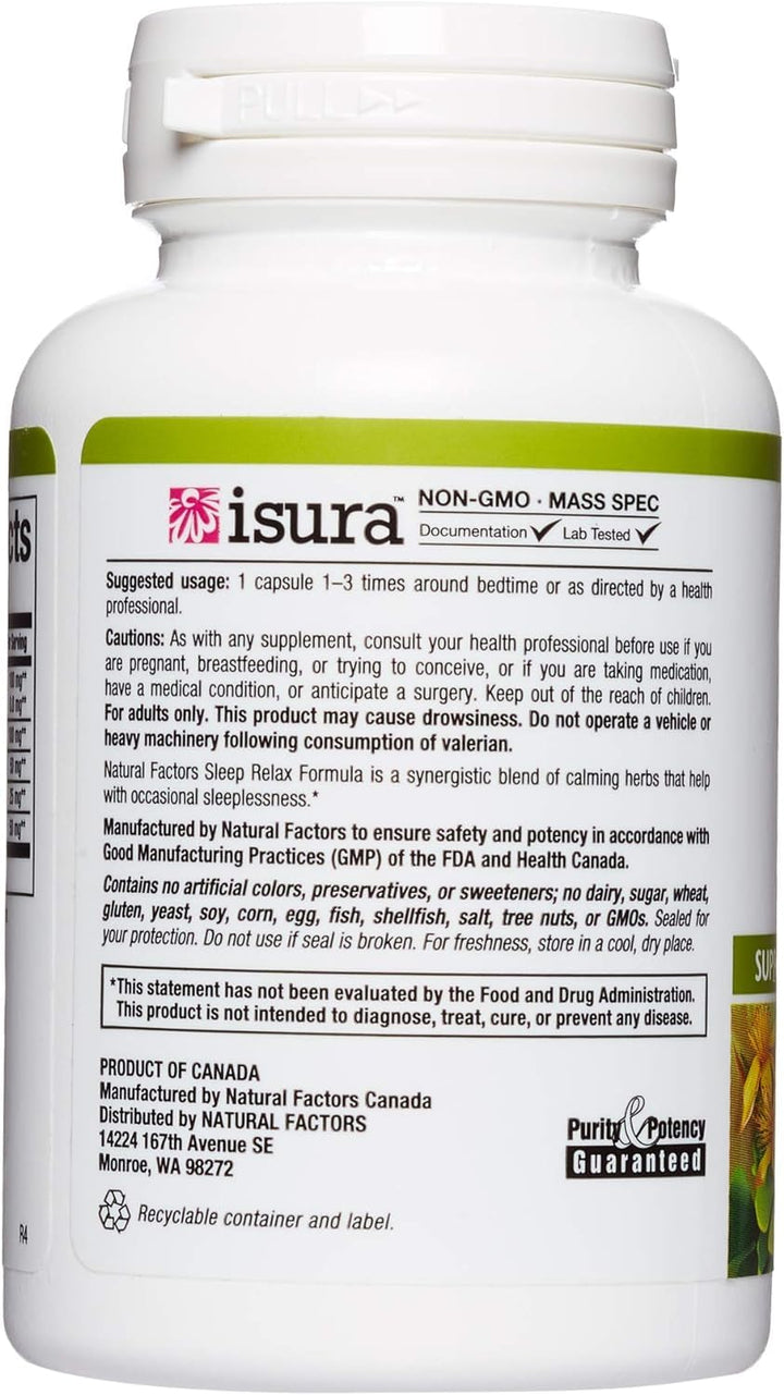 Herbal Factors Sleep Relax Formula by Natural Factors, Natural Sleep Aid with Valerian Root, Passion Flower and Skullcap, Non-GMO, 90 capsules (90 servings)