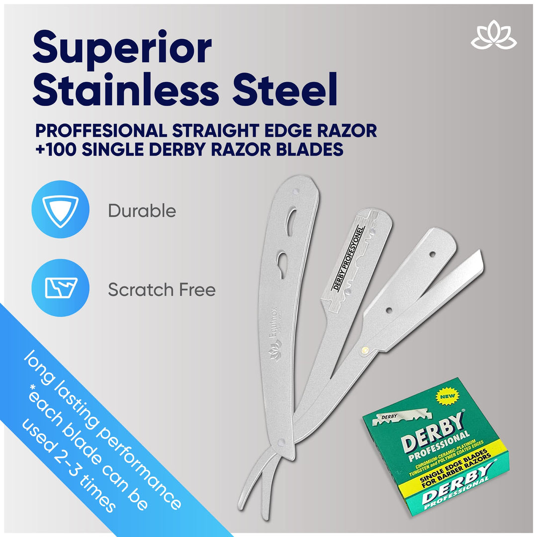 Equinox Professional Straight Edge Razor with 100 Single Derby Blades 100% Stainless Steel Razor and Blades - Close Shaving Men&#39;s Manual Shaver - Disposable Blades -Barber Straight Razor Kit - Silver
