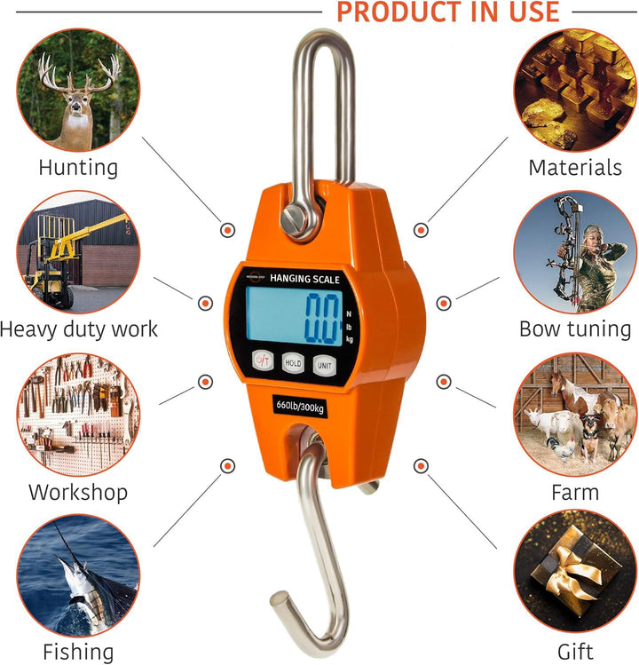 Digital Hanging Scale 660 LB 300 KG - Professional Heavy Duty Waterproof Fish Scale - Portable Durable Crane Scale for Luggage Weight Suitcase Hunting Farm Bike Bow Fish Weight Fishing Scale