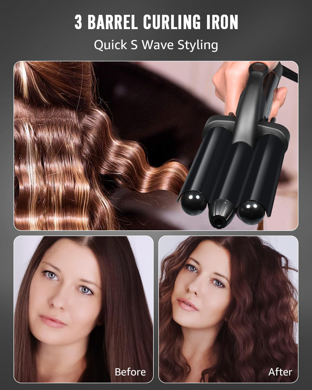 Hair Waver, 3 Barrel Curling Iron for Beachy Waves, Hair Crimper with LCD Temp Display, Ceramic Tourmaline Triple Barrels Curling Wand, Beach Waver with Dual Voltage, Black…