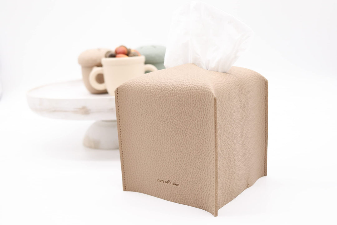 Tissue Box Cover Holder, Square with Bottom Belt by Carrot&#39;s Den - PU Leather Decorative Organizer for Tabletop, Bathroom, Car, Office | Beige