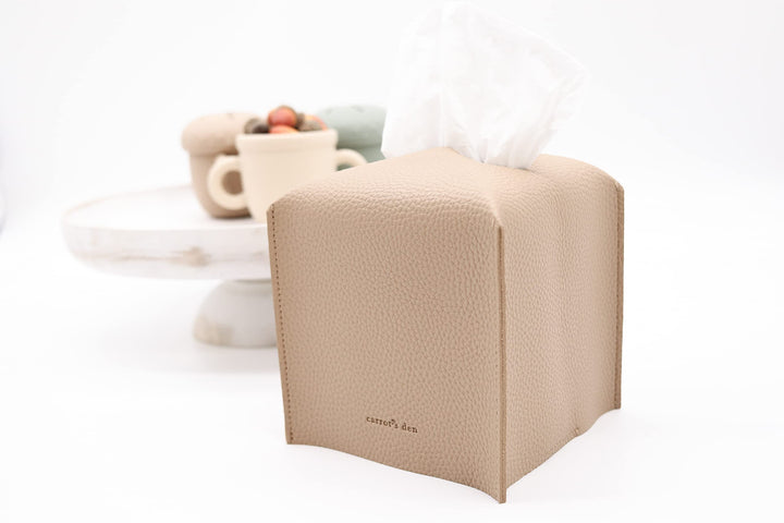 Tissue Box Cover Holder, Square with Bottom Belt by Carrot&#39;s Den - PU Leather Decorative Organizer for Tabletop, Bathroom, Car, Office | Beige