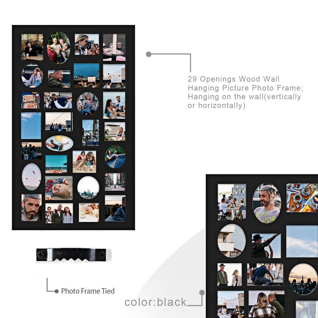 [PF9105] Decorative Black Wood Wall Hanging Collage Picture Photo Frame, 29 Openings, Various Sizes between 3.25x2.75 and 4.5x4; Square, circular, oval and rectangular openings