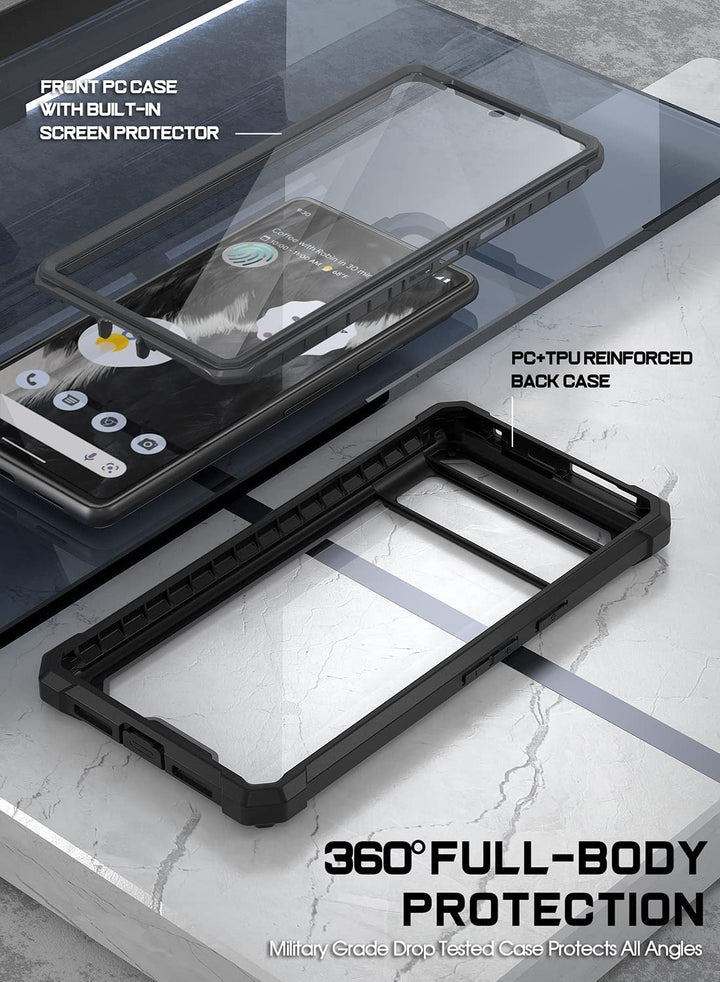 Guardian Case Compatible with Pixel 7 5G, Built-in Screen Protector Work with Fingerprint ID, Full Body Hybrid Shockproof Protective Rugged Clear Bumper Cover Case, Black/Clear