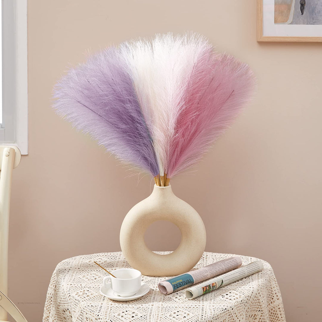Pampas Grass Decor 17 Inch 6pcs, Purple Pink Artificial Pampas Grass Home Wedding Decor, Small Faux Pampas Fake Pompous Boho Vase Filler, Bathroom Living Room Decoration