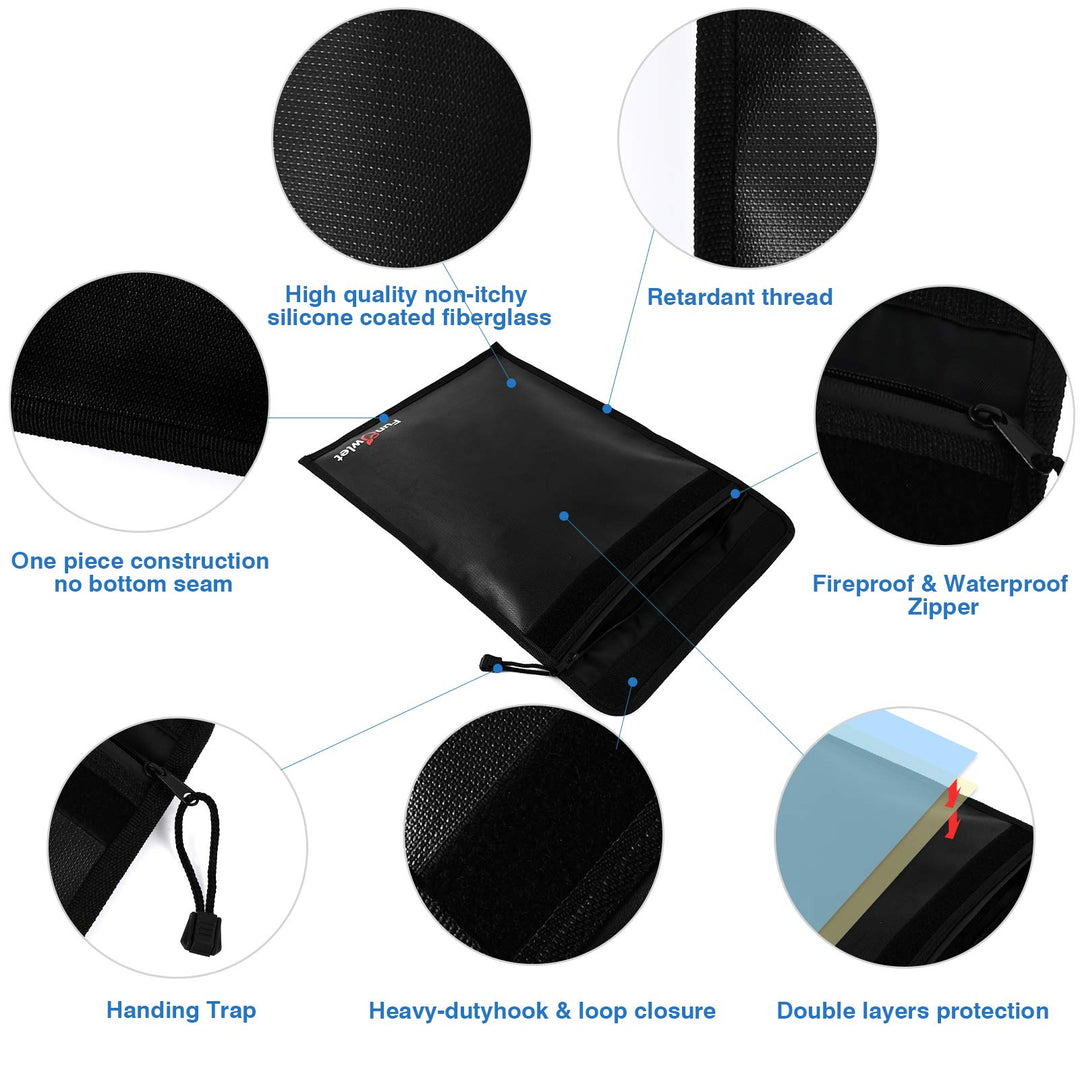 Fireproof Waterproof Money Document Bag - 3 Pack Safe Upgraded Zipper Bags, Fire &amp; Water Resistant Storage Organizer Pouch for A4 A5 Documents Holder,File,Cash,Jewelry,Passport,Tablet,Laptop (Black)