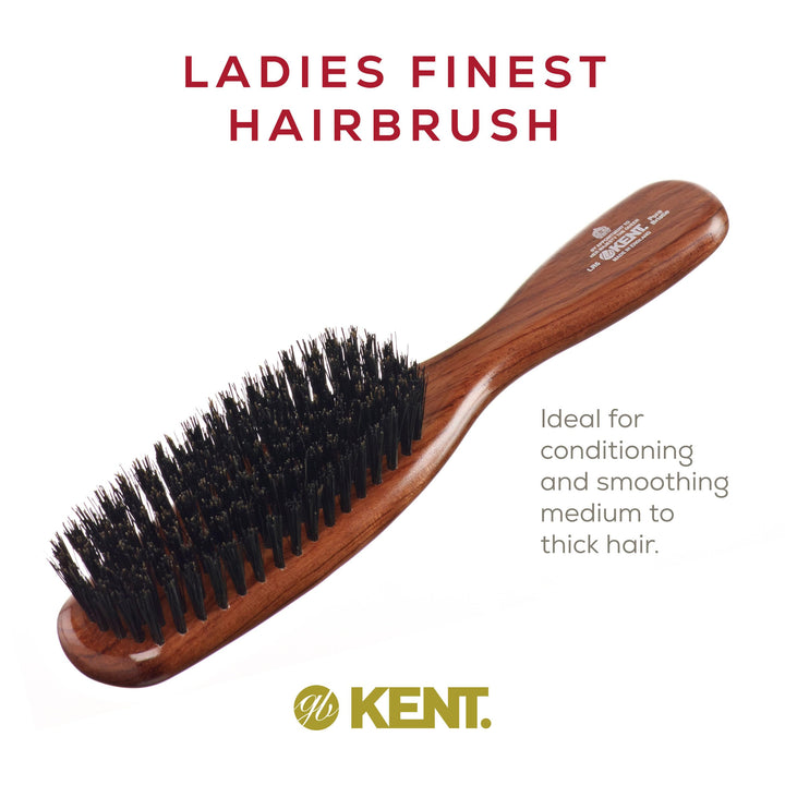 Kent LR6 Finest Dark Wood Styling Hair Brushes for Women - Natural Black Boar Bristle Hairbrush for Medium to Thick Hair of All Lengths - Dry Brush for Styling, Straightening, and Stimulating Oils