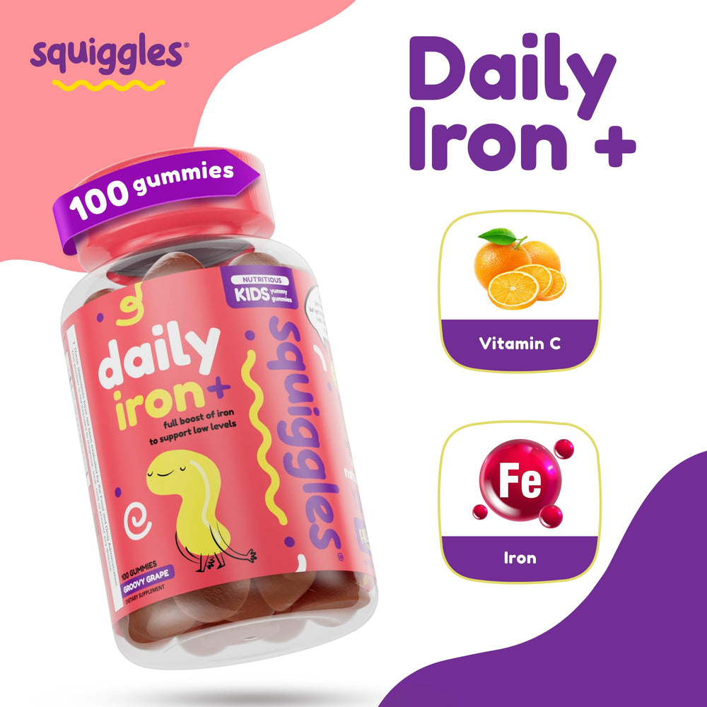 Kids Daily Iron+ Gummies - Chewable Supplement with Iron, Multivitamin for Children, Low Sugar, Vegan, Toddler Gummies, Yummy Grape Flavor (100 Count)