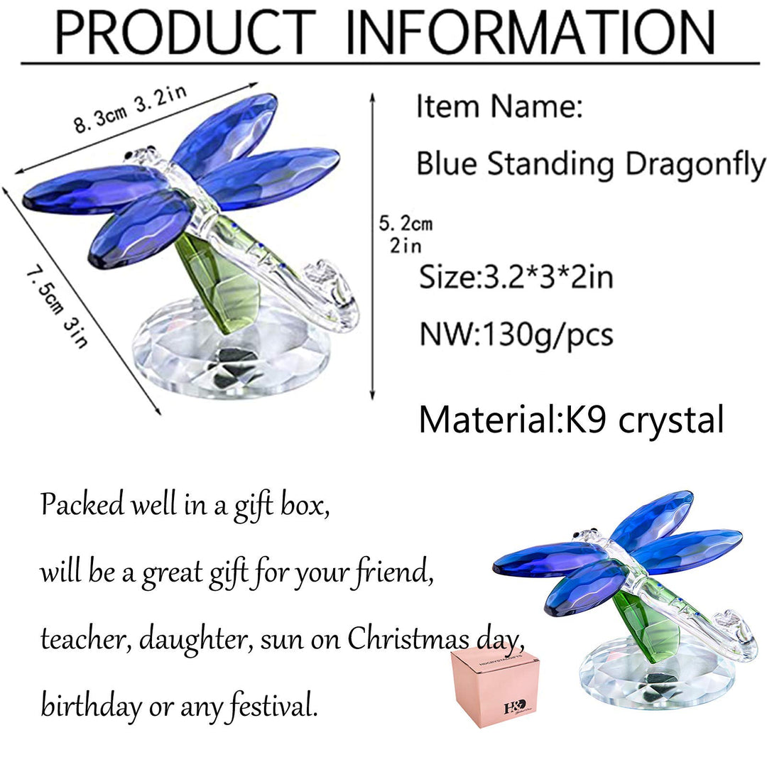 H&amp;D HYALINE &amp; DORA Crystal Glass Animals Figurine, Blue Standing Dragonfly,Gift Boxed