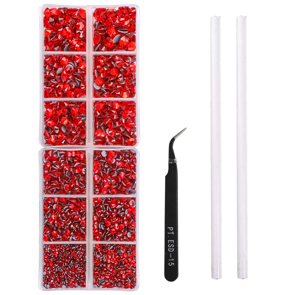5040pcs Red Flatback Rhinestones for Crafting, Crystal Round Gems for Nail Art DIY Crafts Halloween Clothes Bags, 6 Mixed Size Hotfix Rhinestones with Tweezers and Picking Rhinestones Pen