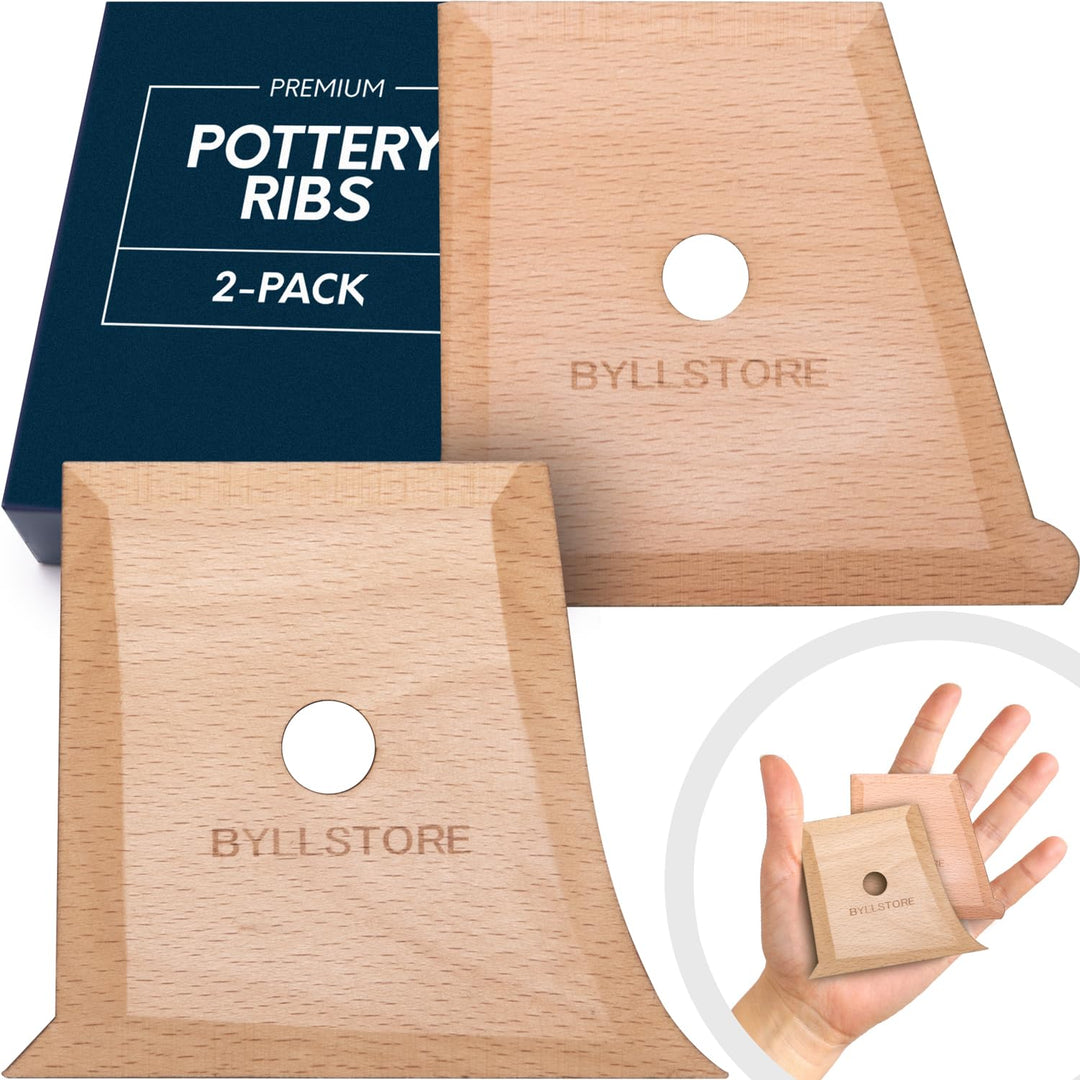 Pottery Ribs &amp; Trimming Tools | 2 Foot Shaper Tools | 4 Clay Texture Ribs | Solid Beech Wood | Several Pack Options (2-Pack)