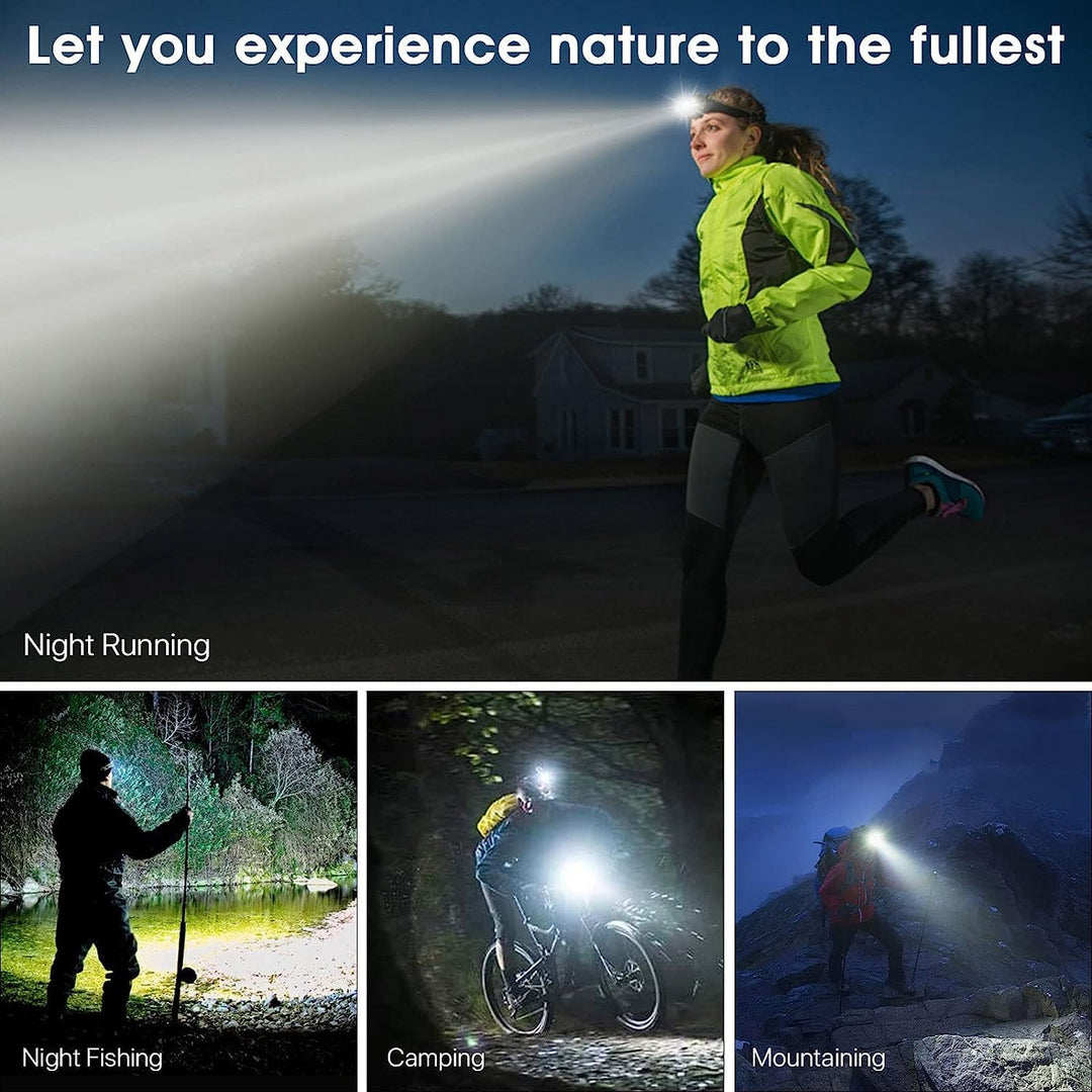 AMAKER LED Rechargeable Headlamp, 900000 High Lumens Super Bright with 5 Modes & IPX7 Level Waterproof USB Rechargeable Zoom Headlamp, 90° Adjustable for Outdoor Camping, Running, Cycling, Climbing