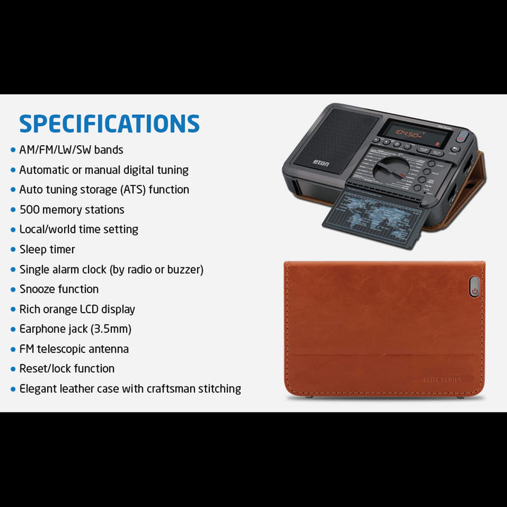 Elite Traveler AM/FM, Longwave, Shortwave Radio with RDS, World Clock, 500 Stations, Dial Tuning, Alarm, Sleep Timer, Leather Case, Portable International Radio with High-Contrast LCD