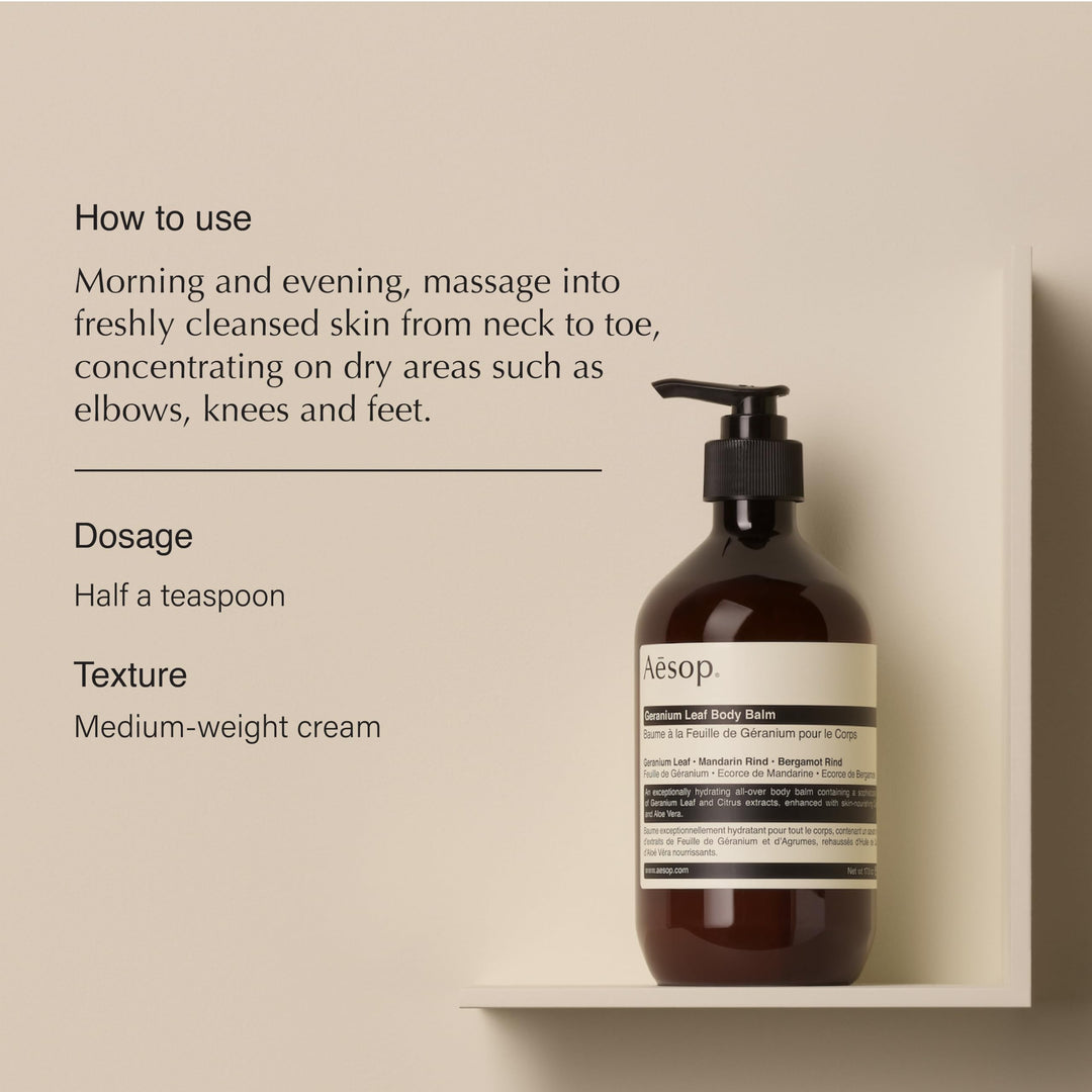 Aesop Geranium Leaf Body Balm | Skin Softening Rich Blend of Nourishing Nut Oils, Geranium Leaf and Citrus Extracts | 16.5 oz
