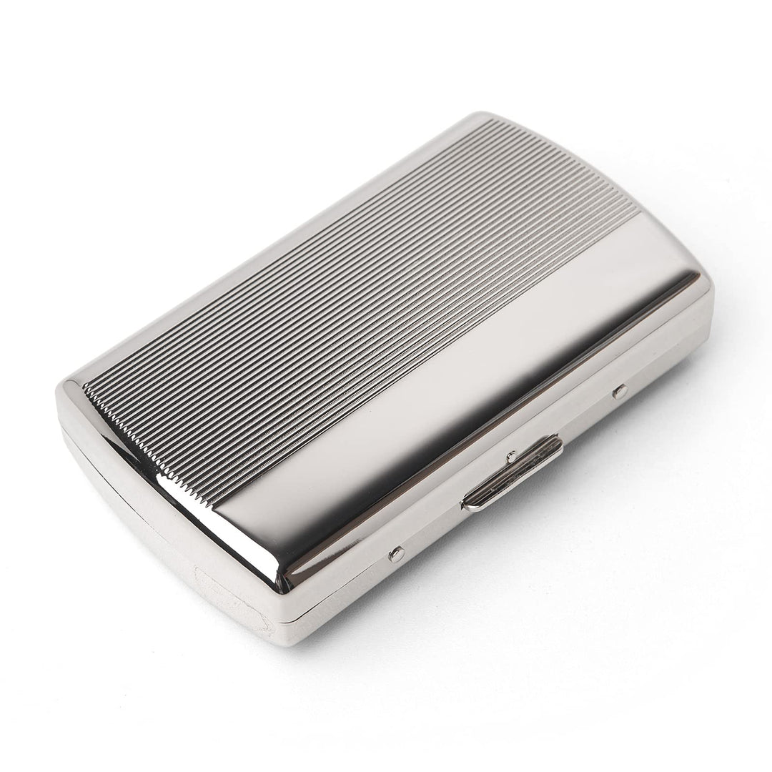 Mini Metal Cigarette Case - Women and Men, Portable Double Sided Spring Clip, Holds 12 85mm Cigarettes (Striped Silver)