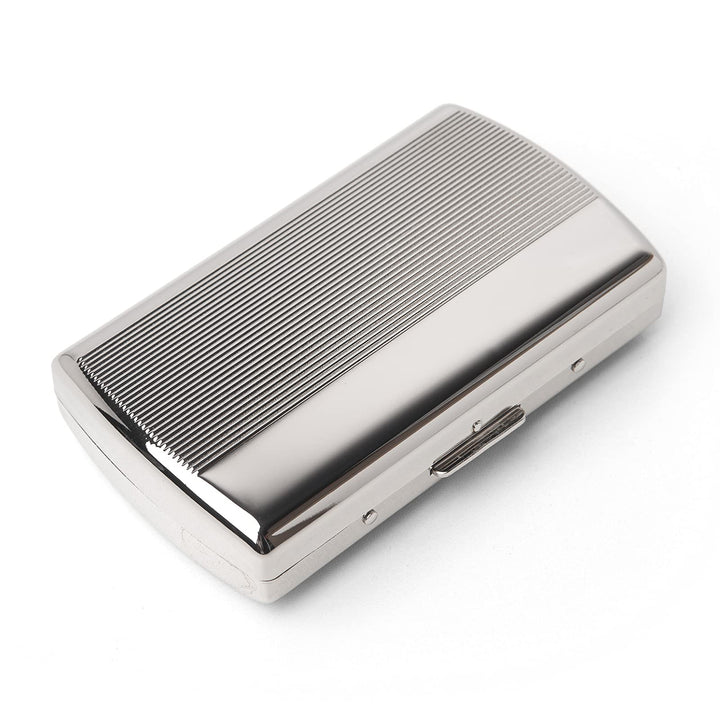 Mini Metal Cigarette Case - Women and Men, Portable Double Sided Spring Clip, Holds 12 85mm Cigarettes (Striped Silver)