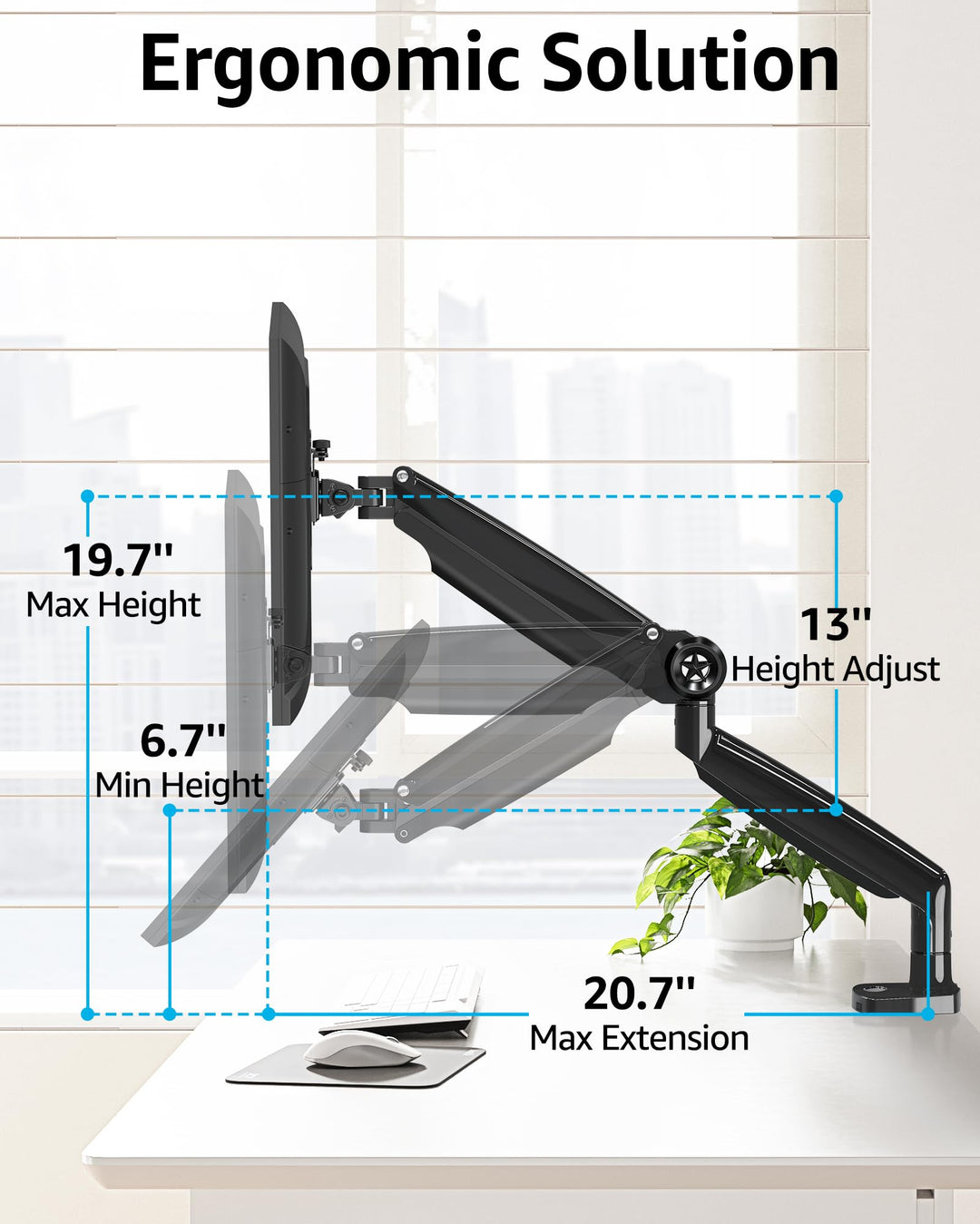 Single Monitor Stand for 13-35 Inch Larger Screen, Heavy Duty Monitor Arm Holds up 4.4-30.9 lbs, Fully Motion Gas Spring Monitor Mount, Computer Monitor Stand with C-Clamp &amp; Grommet Base