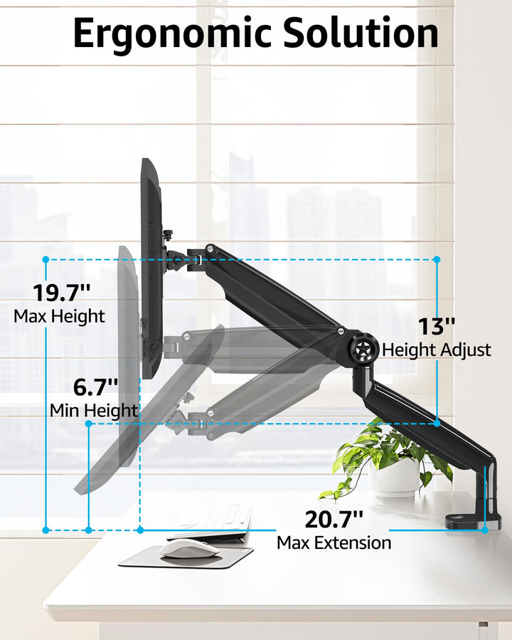 Single Monitor Stand for 13-35 Inch Larger Screen, Heavy Duty Monitor Arm Holds up 4.4-30.9 lbs, Fully Motion Gas Spring Monitor Mount, Computer Monitor Stand with C-Clamp &amp; Grommet Base