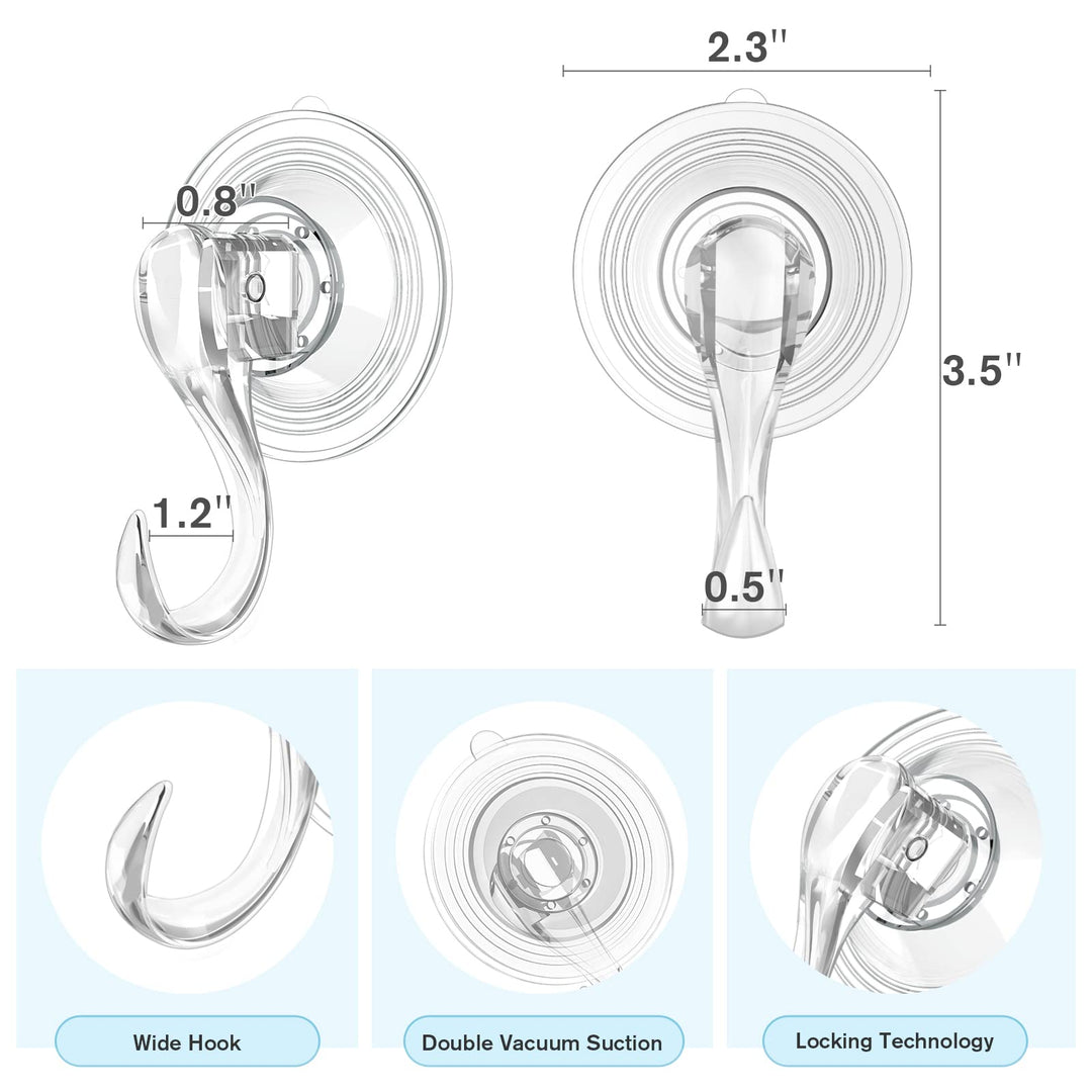 VIS&#39;V Suction Cup Hooks, Small Clear Heavy Duty Vacuum Suction Hooks with Wipes Shower Suction Cups with Hooks Removable Reusable Suction Hangers for Tile Wall Window Glass Door - 2 Pcs
