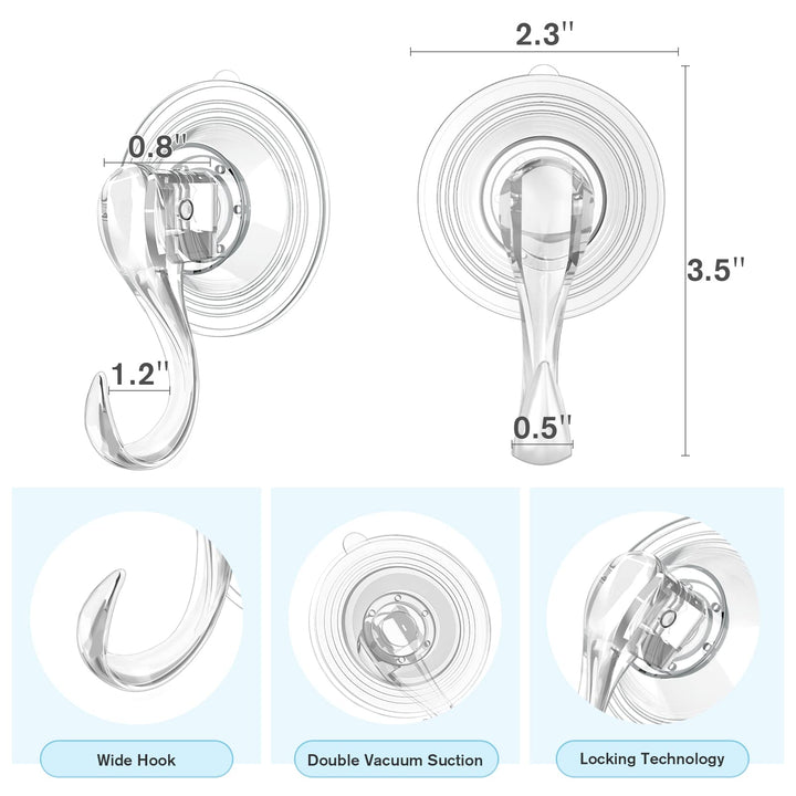 VIS&#39;V Suction Cup Hooks, Small Clear Heavy Duty Vacuum Suction Hooks with Wipes Shower Suction Cups with Hooks Removable Reusable Suction Hangers for Tile Wall Window Glass Door - 2 Pcs