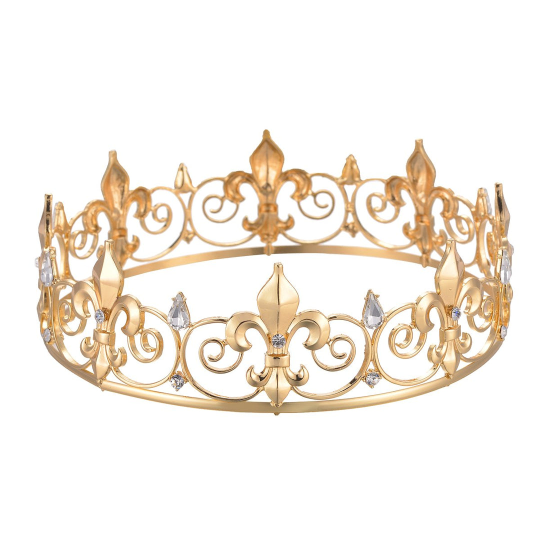 Eseres Man Crown Gold King Crown for Men Full Round Fleur De Lis Crown Prom Queen Crowns