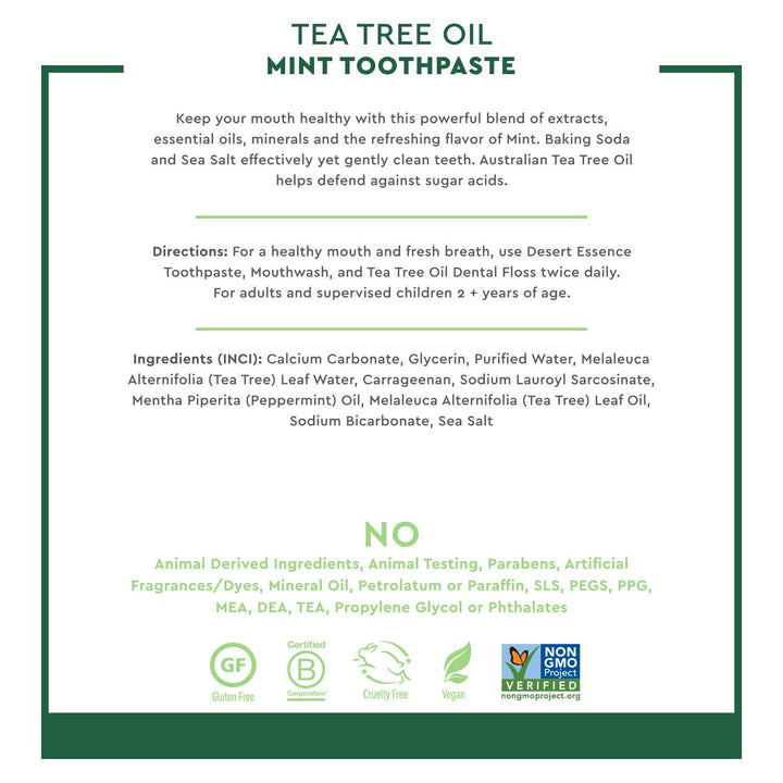 Tea Tree Oil Toothpaste - Mint - 6.25 Oz - Refreshing Taste - Deep Cleans Teeth &amp; Gums - Helps Fight Plaque - Sea Salt - Pure Essential Oil - Baking Soda - Promotes Healthy Mouth