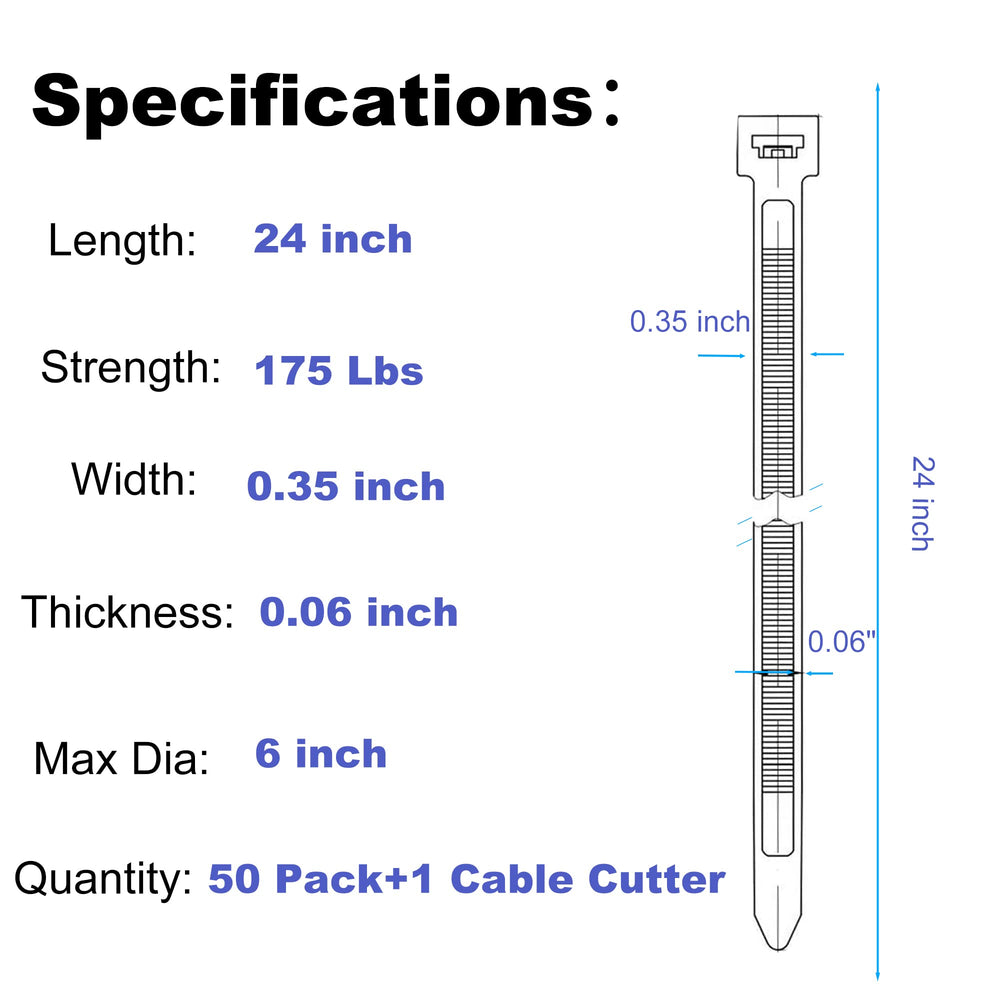 24 Inch Cable Zip Ties Heavy Duty (with Wire Cable Cutters), Strong Large Black Zip Ties with 175 Pounds Tensile Strength, 50 Pack, Long Durable Nylon Black tie Wraps, Outdoor UV Resistant