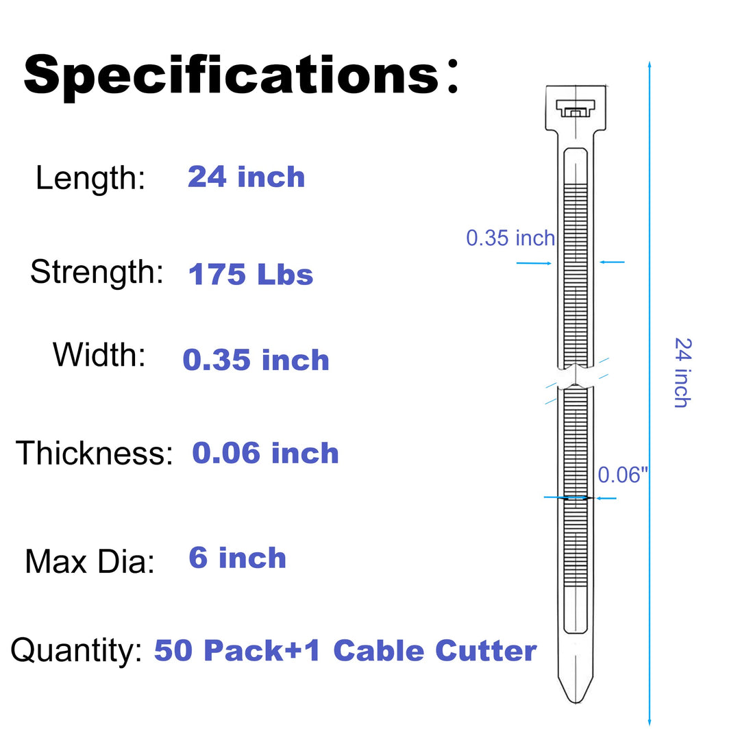 24 Inch Cable Zip Ties Heavy Duty (with Wire Cable Cutters), Strong Large Black Zip Ties with 175 Pounds Tensile Strength, 50 Pack, Long Durable Nylon Black tie Wraps, Outdoor UV Resistant