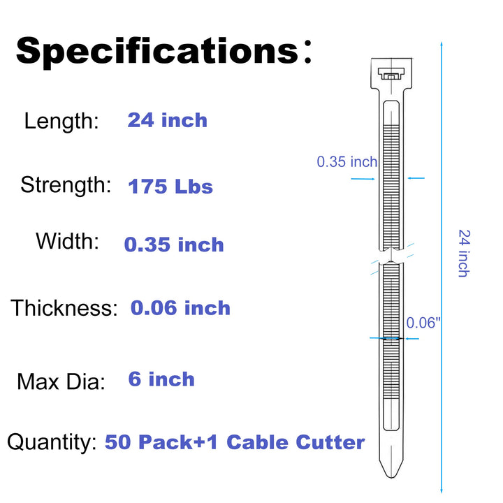 24 Inch Cable Zip Ties Heavy Duty (with Wire Cable Cutters), Strong Large Black Zip Ties with 175 Pounds Tensile Strength, 50 Pack, Long Durable Nylon Black tie Wraps, Outdoor UV Resistant