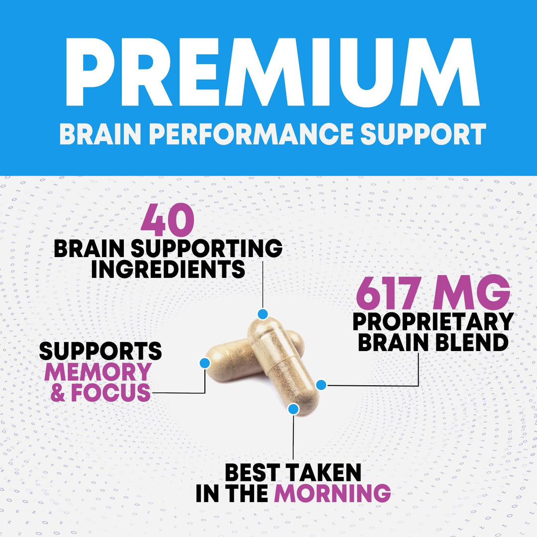 Brain Supplements for Memory and Focus - 40 Nootropics &amp; Vitamins to Support Mental Alertness, Clarity &amp; Concentration, Brain Health Cognitive Memory Pills, B6, B12, Phosphatidylserine - 180 Capsules