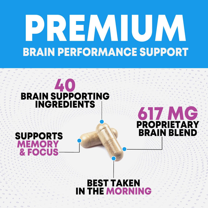 Brain Supplements for Memory and Focus - 40 Nootropics &amp; Vitamins to Support Mental Alertness, Clarity &amp; Concentration, Brain Health Cognitive Memory Pills, B6, B12, Phosphatidylserine - 180 Capsules