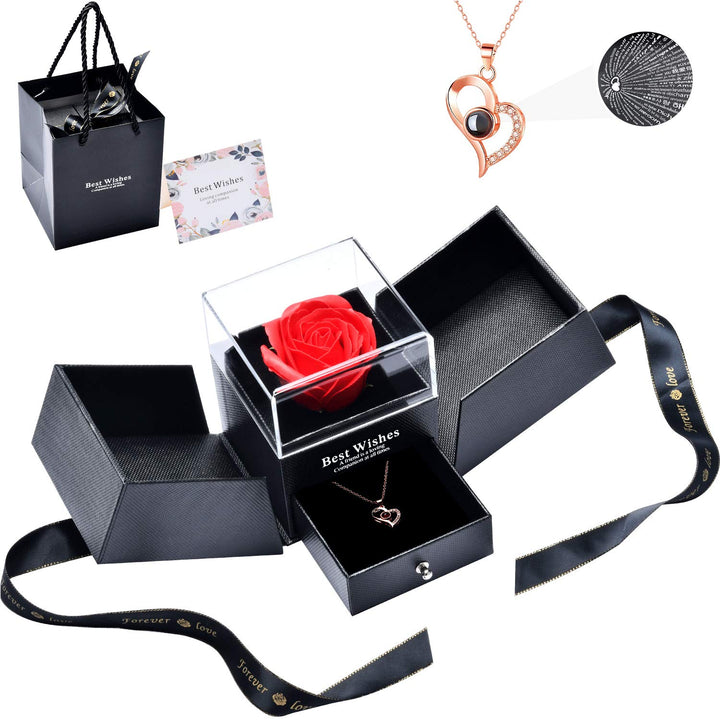 Preserved Rose Handmade Preserved Rose with I Love You Necklace 100 Languages Artificial Soap Rose Flower Love Memory Necklace Gifts for Mother&#39;s Day Birthday Anniversary(rose gold heart)