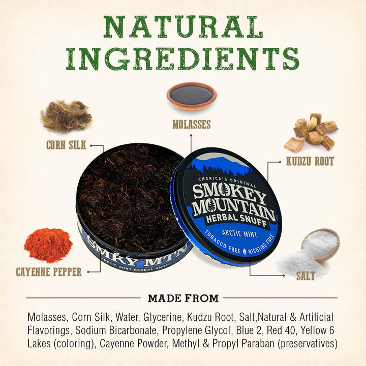 Smokey Mountain Herbal Long Cut – Arctic Mint – 5 Can Box - Tobacco Free and Nicotine Free Snuff
