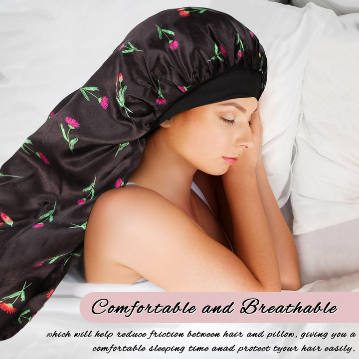 2Pcs Long Satin Bonnet Sleep Cap,Extra Large Braids Bonnets for Sleeping,Long Hair,Soft&Comfortable Elastic Band Bonnets for Women Night Sleep,Hair Bonnets for Women Satin (Black+Green Pattern)