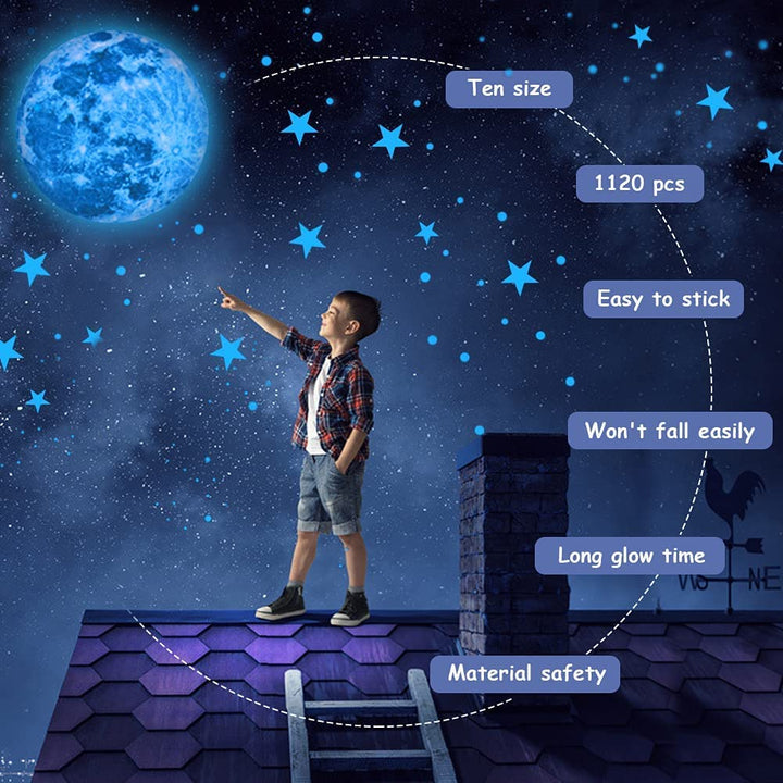 Airsnigi Glow In The Dark Stars For Ceiling, 1120Pcs Wall Decals Long-Lasting Glowing Star Wall Self-Adhesive Stickers Perfect Gifts For Kids Room Decor, Halloween, Christmas - Blue