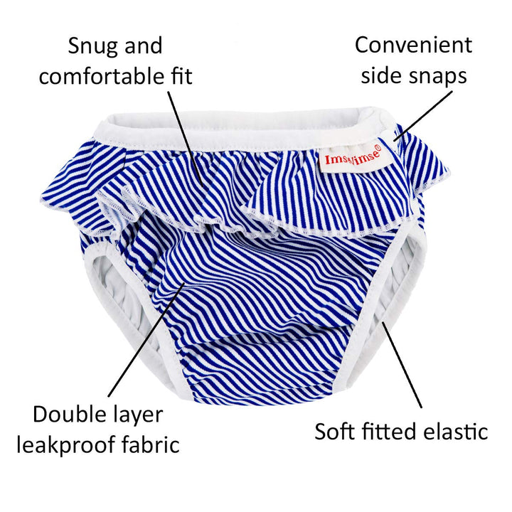 Imse Vimse Reusable Swim Diaper for Baby and Toddler Girls with Ruffle and Snaps (White Blue Stripe, SL 28-37 lbs)