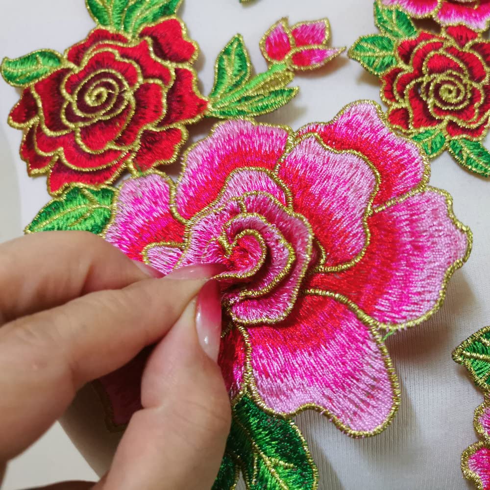 1 Set Lotus Flower Embroidery Applique Patches Sew on Pacthes Lace Fabric Motif Clothes Decorated DIY Sewing Supplies (Pink)