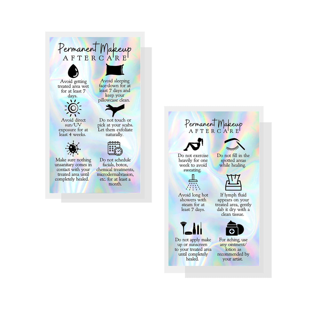 Permanent Makeup Aftercare Instructions Card | 50 Pack | 2x3.5 inches Business Card Size | PMU Non-Reflective Matte Holographic Look Design, rainbow, blue, black