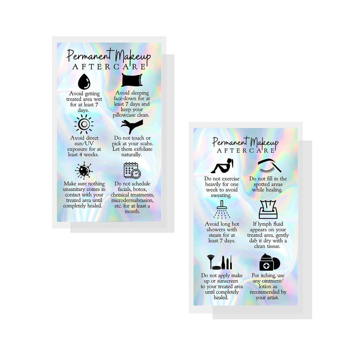 Permanent Makeup Aftercare Instructions Card | 50 Pack | 2x3.5 inches Business Card Size | PMU Non-Reflective Matte Holographic Look Design, rainbow, blue, black