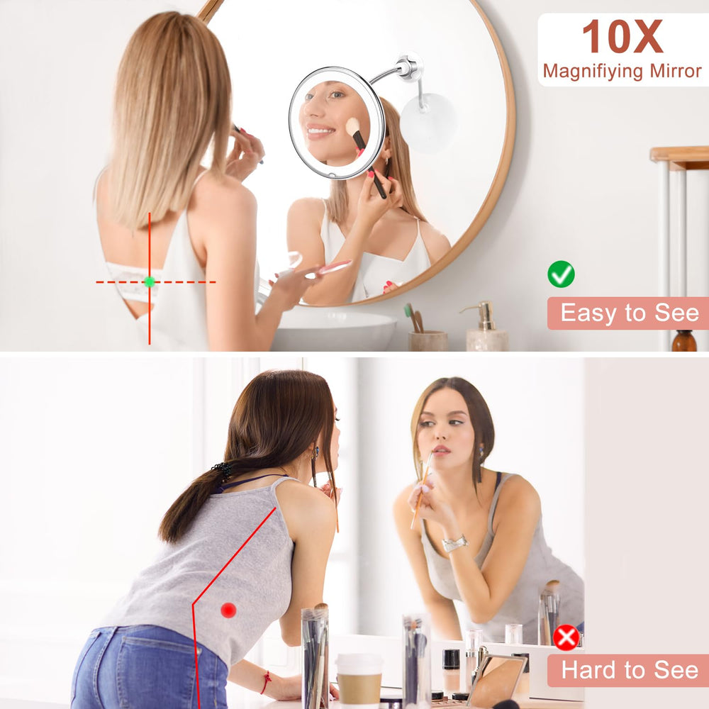 Flexible Gooseneck 6.8 10X Magnifying LED Lighted Makeup Mirror, Bathroom Magnification Vanity Mirror with Suction Cup, 360 Degree Swivel, Daylight, Battery Operated, Cordless & Travel Mirror