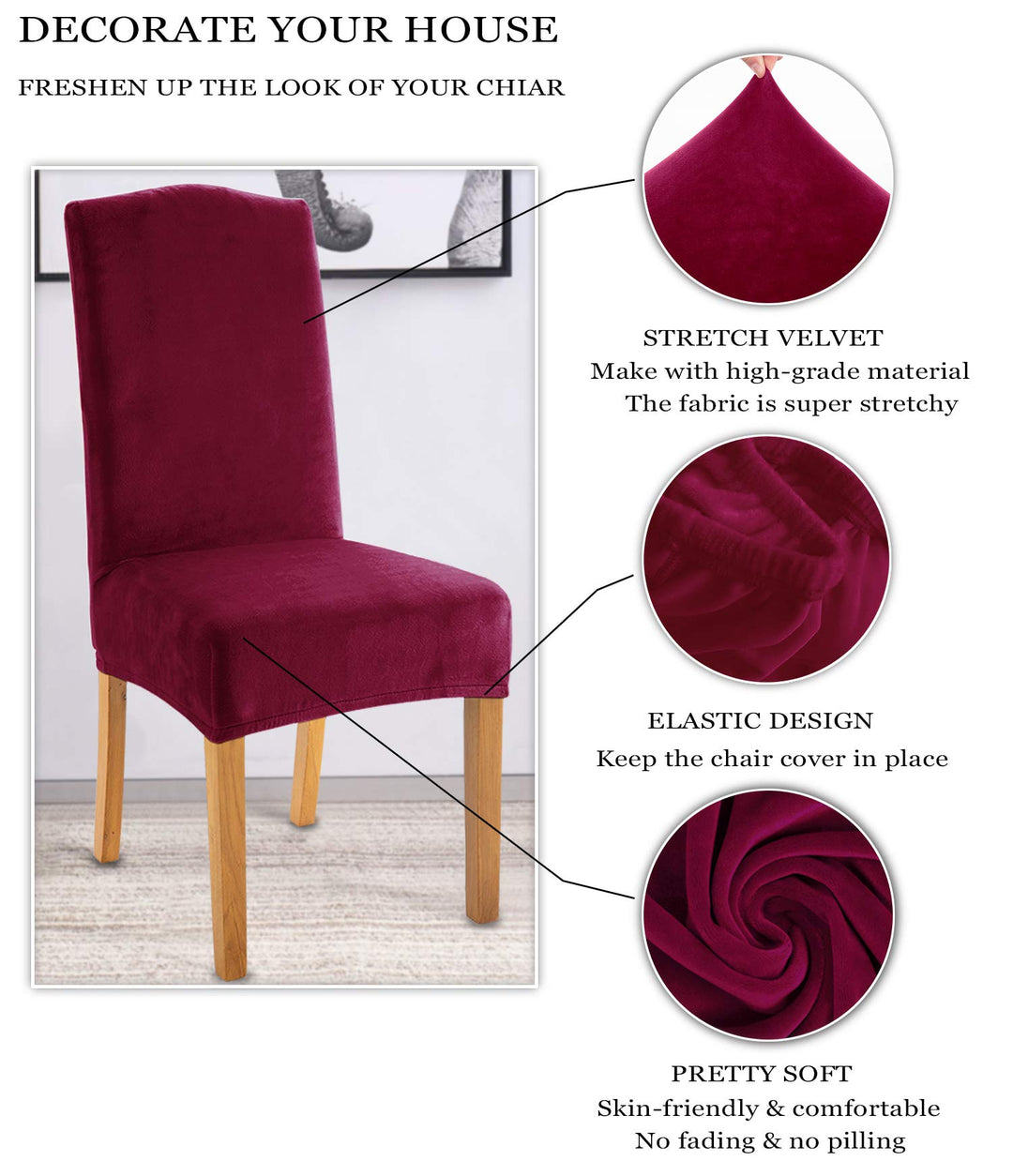 Velvet Chair Covers for Dining Room Set of 6, Soft Plush Dining Chair Slipcover, Stylish Removable Dining Room Chair Cover, Antislip Kitchen Chair Covers(6 Pack, Black)