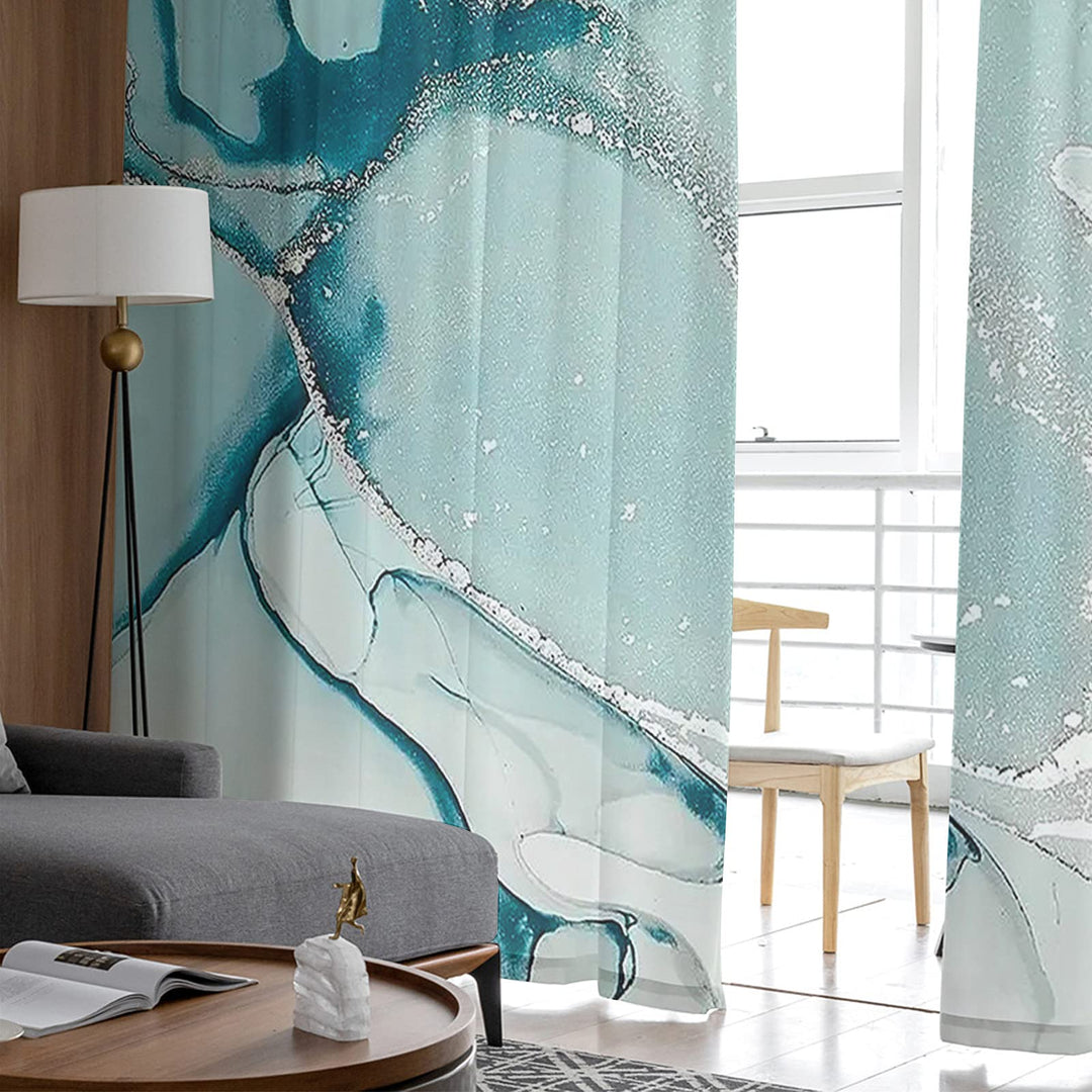 Marble Sheer Curtains 72 Inch Length 2 Panels Set, Green Aqua Marble Agate Semi Transparent Voile Rod Pocket Curtains for Living Dining Room Bedroom Drapes