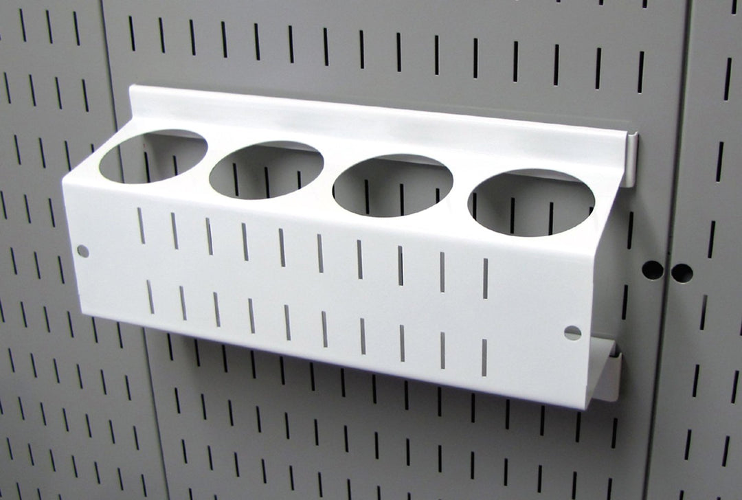 Pegboard Spray Can Holder Bracket and Aerosol Can Organizer for Pegboard and Slotted Tool Board – White